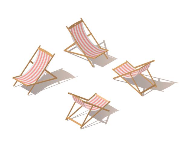 Isolated isometric chaise-longue wooden red striped deck chair, isolated on white background. Deck chair or Beach chaise longue. Flat 3d isometric illustration. Isolated isometric chaise-longue wooden red striped deck chair, isolated on white background. Deck chair or Beach chaise longue. Flat 3d isometric illustration. red beach chairs stock illustrations
