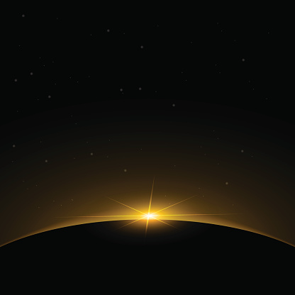 Dawn from space. Dawn from space. Rising sun behind the earth. Vector background