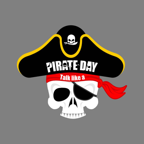 istock International Talk Like A Pirate Day. Skull Pirate portrait in hat. Eye patch. filibuster cap. skeleton corsair 842606256