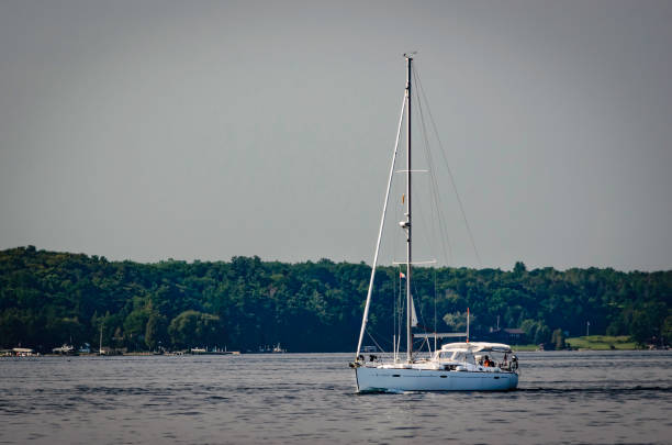 sailboat motoring on the st. lawrence river with the upper new york state treed shoreline in the background. - motoring imagens e fotografias de stock