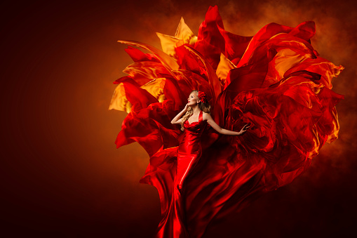 Woman Art Dress, Beautiful Fashion Model in Artistic Red Gown, Waving Flying Fabric Explosion