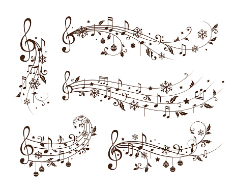 Christmas decoration elements form musical notes, holly leaves and snowflakes. Winter holiday dividers. Monochrome variant
