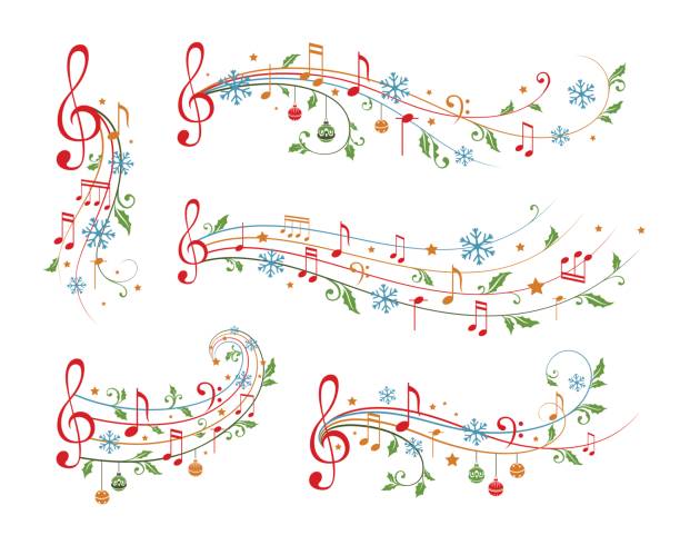 illustrazioni stock, clip art, cartoni animati e icone di tendenza di elementi decorativi musicali natalizi. divisori per le vacanze invernali. - singing