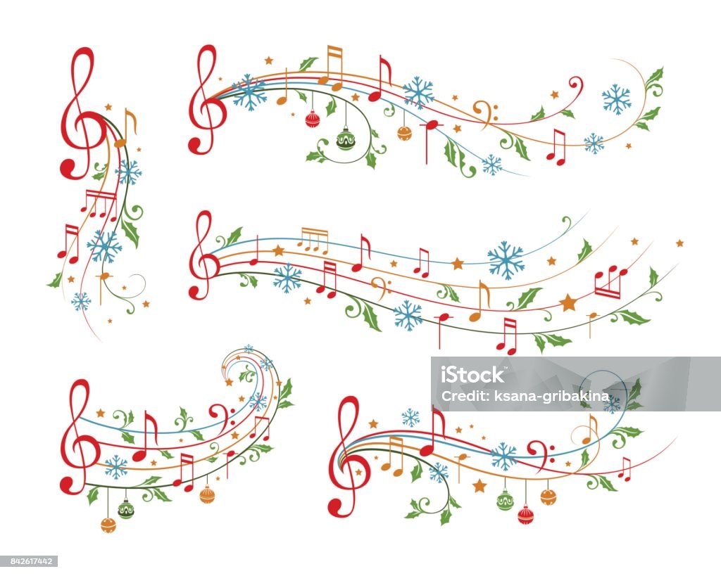 Christmas musical decoration elements. Winter holiday dividers. Christmas decoration elements form musical notes, holly leaves and snowflakes. Winter holiday dividers. Color variant Christmas Music stock vector