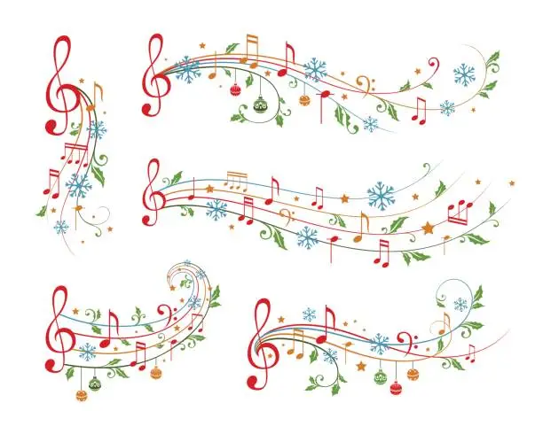 Vector illustration of Christmas musical decoration elements. Winter holiday dividers.