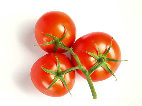 Group of three tomatoes with vine attached