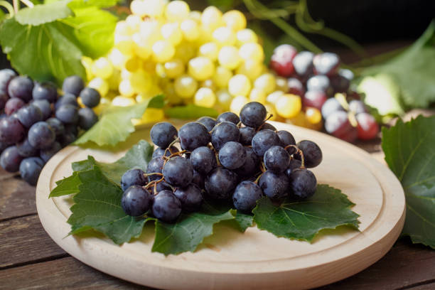 istock bunch of black grapes on the table 842625278