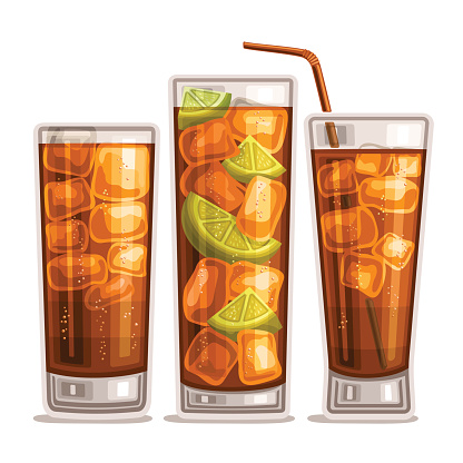 Vector set of fizzy Drinks: 3 glossy glasses with alcohol cocktail cuba libre, cubes of ice in highball with cola, sliced lime in long island iced tea, cold cocktail whisky cola with straw on white.