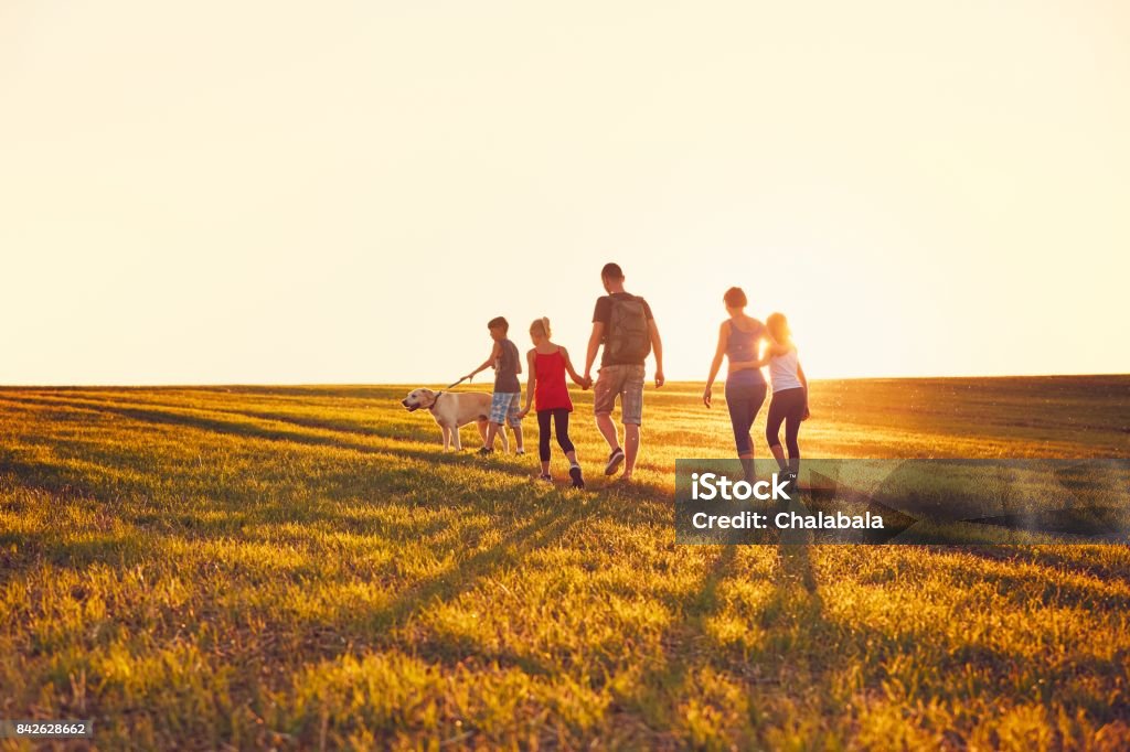 Familia con el perro en el viaje - Foto de stock de Familia libre de derechos