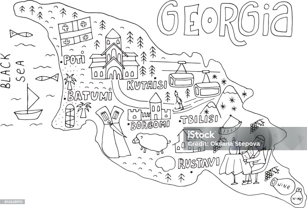 Unique Hand Drawn Cartoon Map Of Georgia Vector Illustration Stock