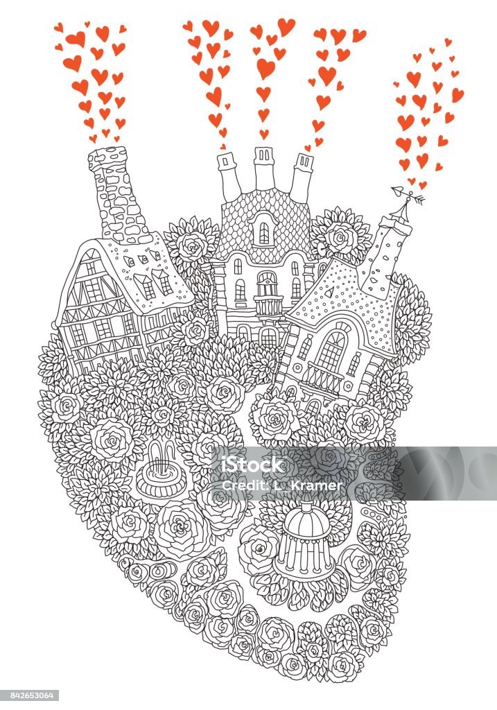 Vector black and white outline contoured fantasy landscape, trees, rose flowers, red hearts, fairy small town buildings, garden in the shape of Heart. T shirt print. Adults and children coloring book page, poster Vector black and white outline contoured fantasy landscape, trees, rose flowers, red hearts, fairy small town buildings, garden in the shape of Heart. T shirt print. Adults and children coloring book page, poster, Valentine Day greeting card Coloring Book Page - Illlustration Technique stock vector