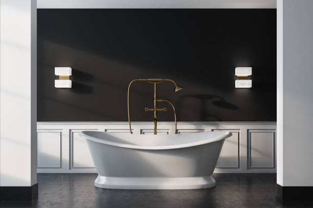 istock Black vintage bathroom, white tub, close up 842656066