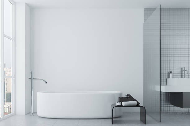 istock White bathroom, tiles and round tub 842656242