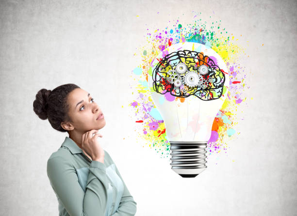 istock Pensive African American girl, cog brain, bulb 842656538