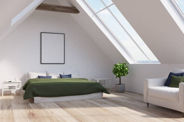 istock Attic bedroom with a green bed, poster, side 842656672