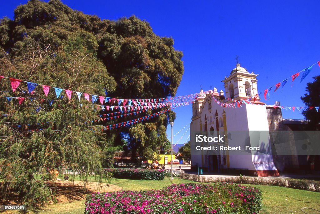 Santa Maria del Tule the largest tree in the world and Cathedral with flags on fiesta day Oaxaca City Stock Photo