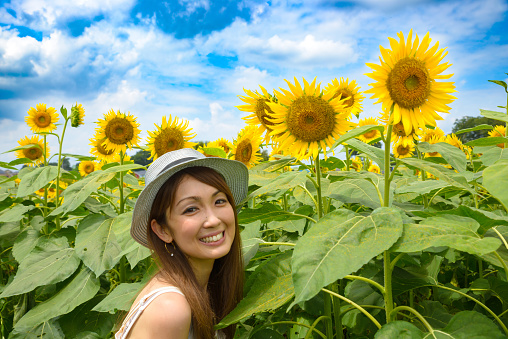 Sunflower and Beautiful Japanese Woman