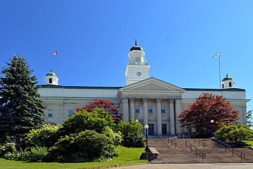 Wolfville, Nova Scotia - July 31, 2017: University Hall at Acadia University a renowned University that was founded in 1838.