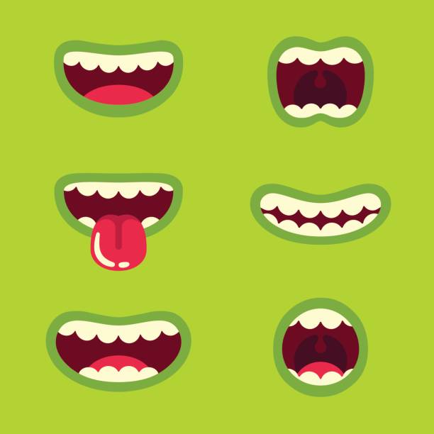 Monster mouth set Funny green monster mouth set with different cartoon expressions. Smile with teeth, sticking out tongue, screaming. Vector illustration. emotional series stock illustrations