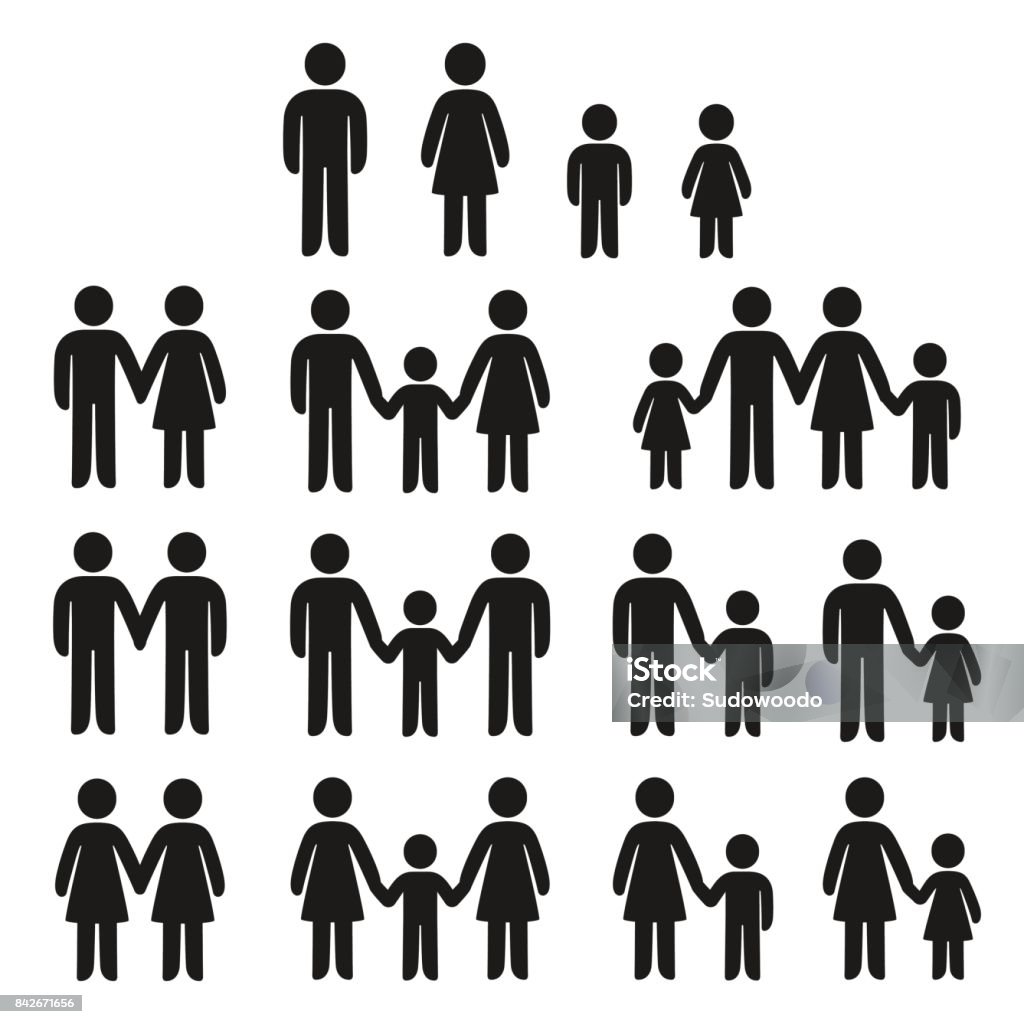 Family icons set Family icons set. Adults and children stick figure symbols. Traditional families and same sex partners, single parents with kids. Vector signs. Icon Symbol stock vector
