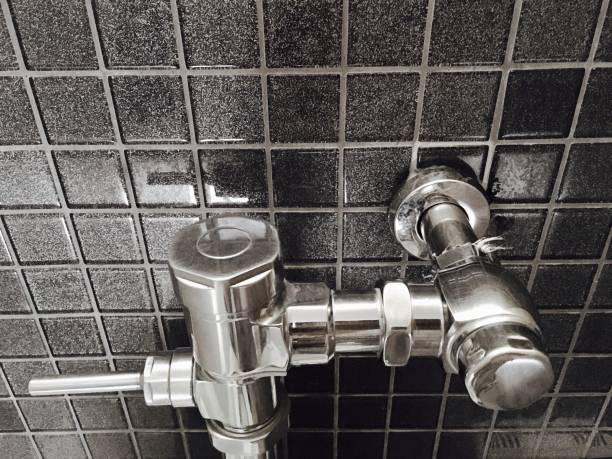 Handle of The Flush in Toilet Room Valve Handle or Flushometer on A Flush in Toilet Room Used An Inline Handle to Flush Toilets or Urinals for Personal Cleansing After Toilet Use flushing valve public restroom toilet stock pictures, royalty-free photos & images