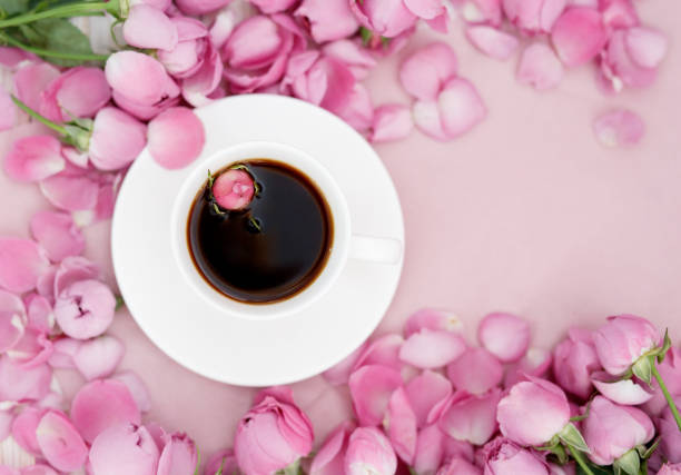 Pink rose flower and coffee on pastel background. Flat lay