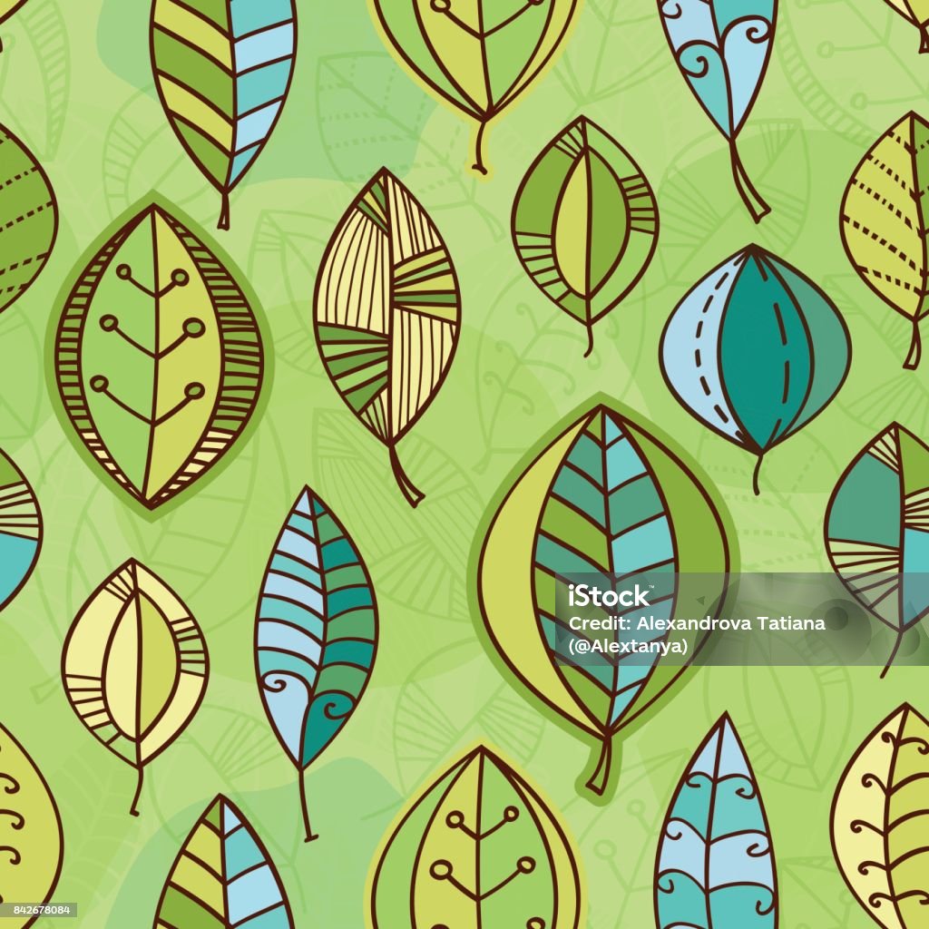 Seamless green leaves pattern. Hand drawn doodle background. Abstract nature texture. Vector illustration. Abstract stock vector