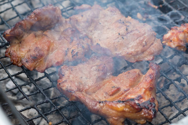 istock Chicken and pork grill over the small flame. shallow DOF. 842679474