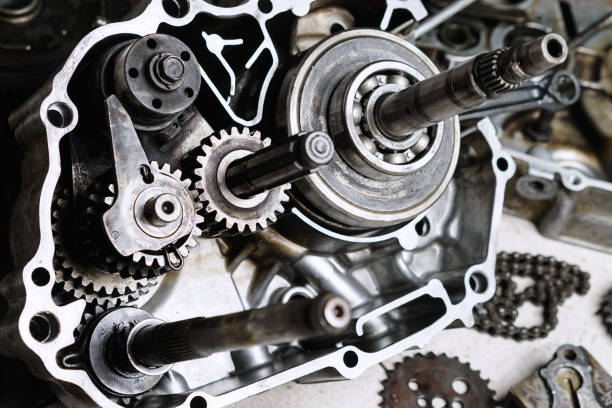 Motorcycle engine's gears and details stock photo