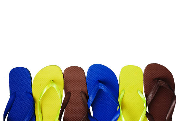 istock Several pairs of multi-colored rubber flip-flops exhibited in a row, isolated 842689466