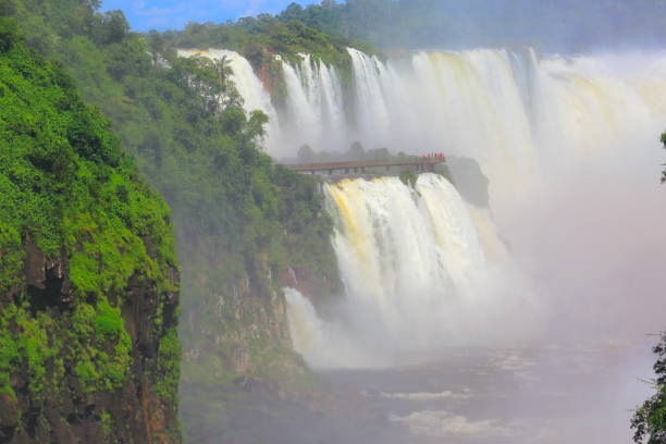 Impressive Iguacu falls with walkway footbridge, one of the most beautiful waterfalls in the world and one of the seven Wonders of Nature, dramatic beauty in nature landscape - Idyllic Devil's Throat - international border of Brazilian Foz do Iguacu city, Parana State, Argentina Puerto Iguazu city, Misiones province and Paraguay - rainforest landscape panorama, South America caídas de iguazu impresionante paisaje desde arriba y pasarela pasarela, belleza en el paisaje de la naturaleza - garganta del diablo idílico - frontera internacional de brasil foz iguacu, paraná, puerto iguazú, misiones y paraguay - américa del sur
