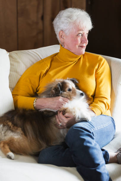 istock Senior woman on couch looking out window, with dog 842699738