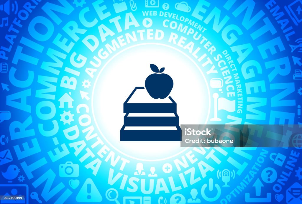 Apple & Books Icon on Internet Modern Technology Words Background Apple & Books Icon on Internet Modern Technology Words Background. This blue vector background features the main icon in the center of the image. The icon is surrounded by a set of conceptual words and technology and internet icons. The icon is highlighted by a strong starburst glow effect and stands out from the rest of the image. The technology terminology is arranged in a circular manner. The predominant tone of the image is blue with a circular gradient that originates from the center of the composition. Adult stock vector