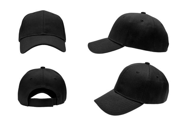vista del sombrero 4 de béisbol negro en blanco sobre fondo blanco - accesorio de cabeza fotografías e imágenes de stock
