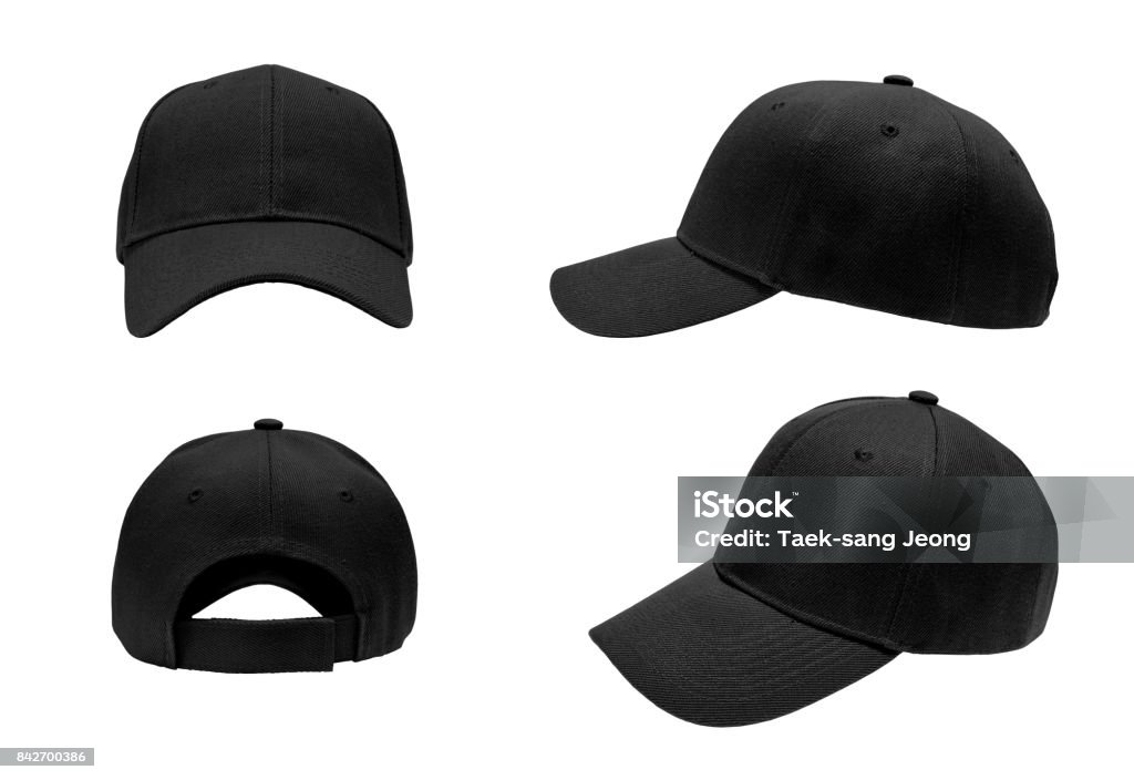 blank black baseball hat 4 view on white background blank black baseball hat 4 view Cap - Hat Stock Photo
