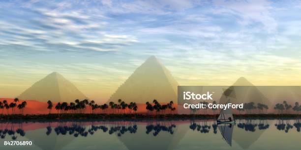 The Great Pyramids And Nile River Stock Photo - Download Image Now - Nile River, Egypt, Pyramid
