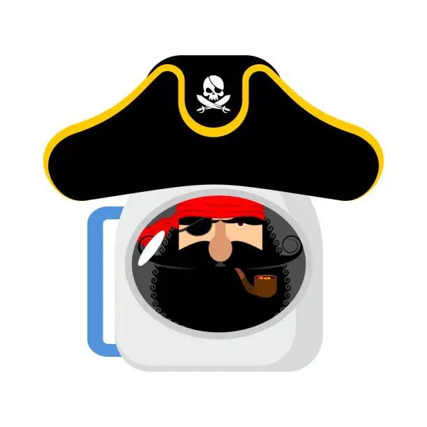 Vector illustration of Space pirate astronaut in helmet. filibuster spaceman. Eye patch and smoking pipe. pirates cap. Bones and Skull