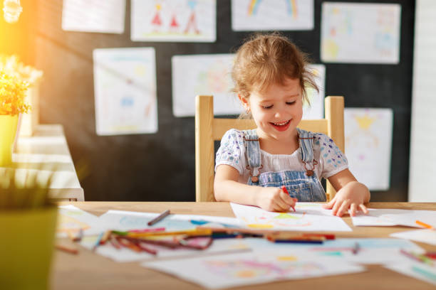 istock child  girl draws with colored pencils 842723636