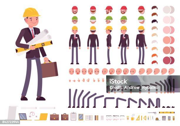 Male Architect In Business Suit And Protective Helmet Character Creation Set Stock Illustration - Download Image Now