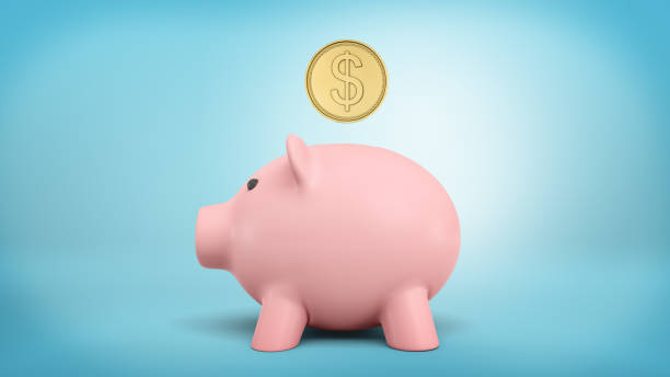3d rendering of a large golden coin with a dollar sign hovers right above piggy bank slot 3d rendering of a large golden coin with a dollar sign hovers right above piggy bank slot. Adding to saving account. 401k financing. Retirement plan. how gold ira works stock pictures, royalty-free photos & images