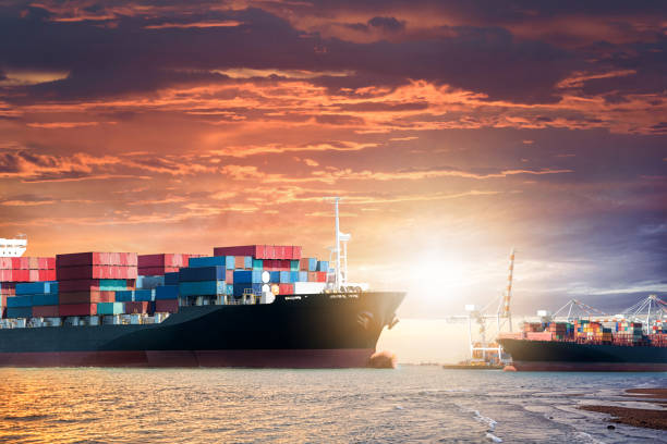istock Logistics import export background of Container Cargo ship in the ocean at sunset sky, Freight Transportation 842726246