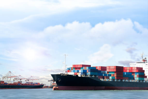 istock Logistics import export background of Container Cargo ship in seaport on blue sky, Freight Transportation 842726484