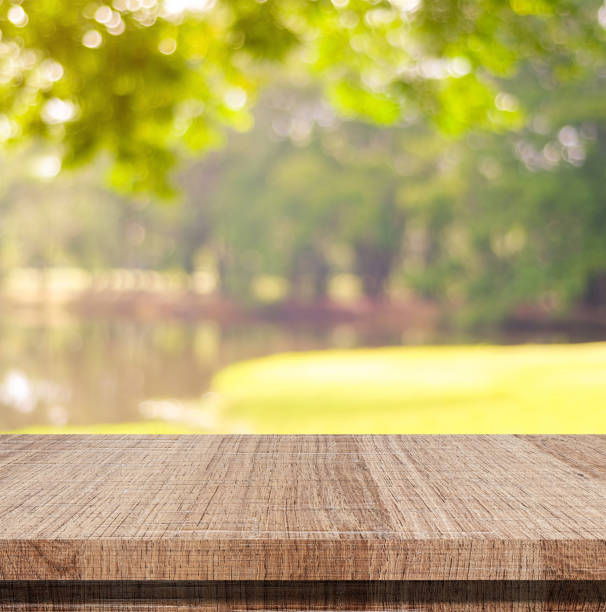 istock Empty wooden table over blurred tree with bokeh background, for product display montage 842726538