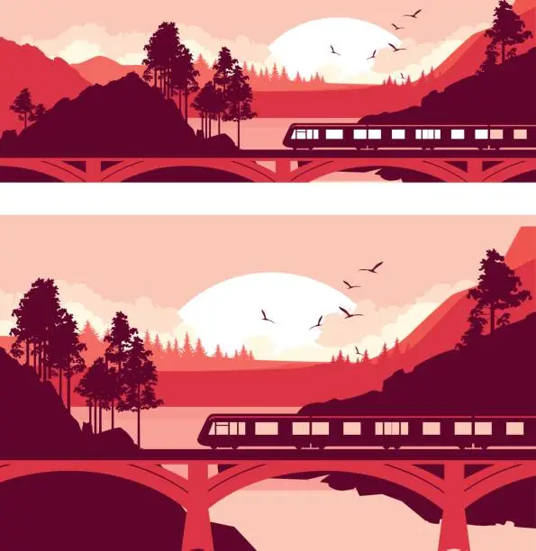 Vector illustration of Train bridge river