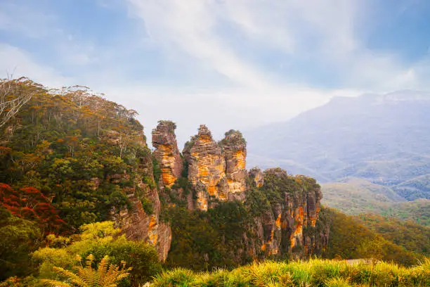 A view of Three Sisters rock formation in the Blue Mountains of New South Wales, Australia.