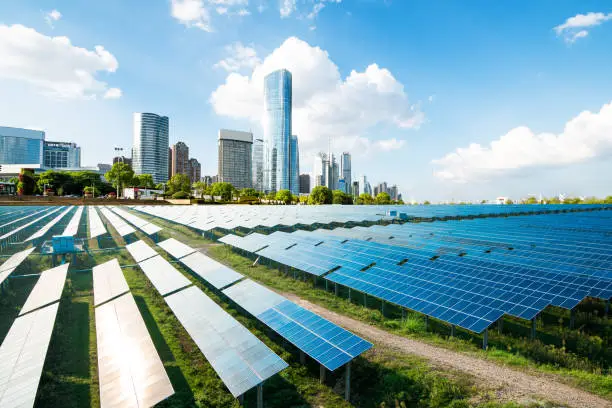 Shanghai urban landscape, landmarks and solar panels