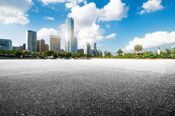 istock Panoramic skyline and buildings with empty concrete square floor 842732366