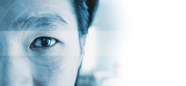 istock Panoramic close-up Asian businessman's eye , with futuristic technology visual effect, with white copy space 842735404