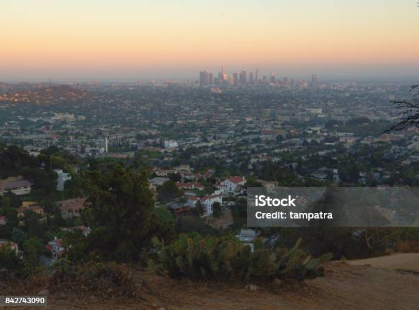 Los Angles City At Sunset With Hill Foreground California Usa Stock Photo - Download Image Now