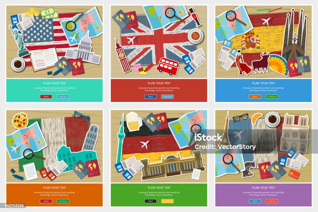 Concept of travel or studying Concept of travel or studying languages. English, German, Spanish, Italian, French. Hand drawn flags with Sightseeings. Flat design, vector illustration USA stock vector